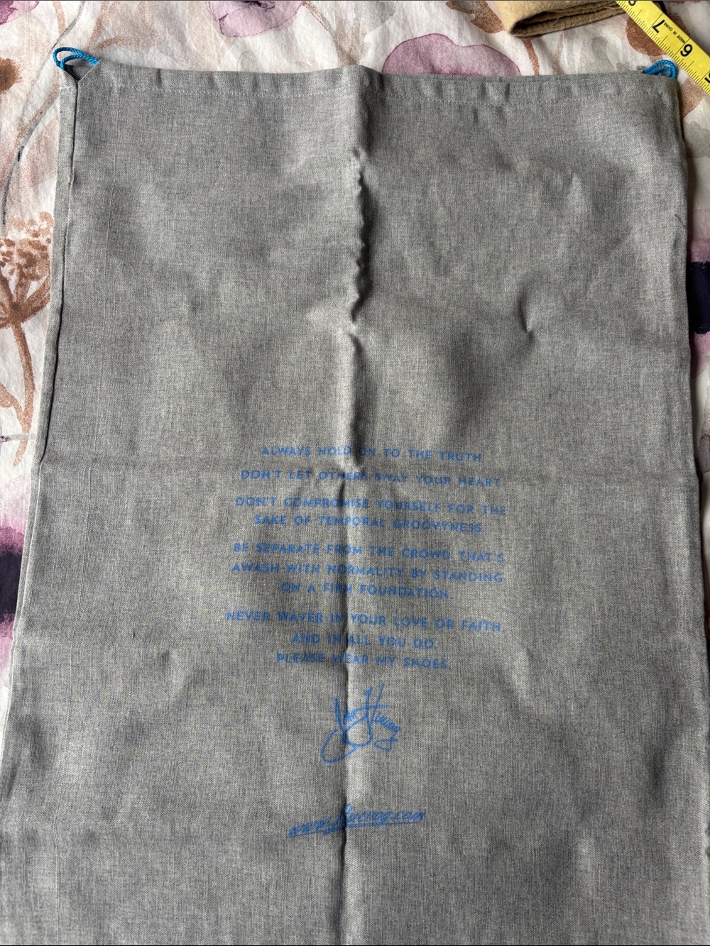 John Fluevog Gray Drawstring Shoe Dust Bag with Blue Print